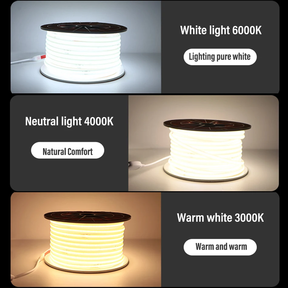 COB LED Strip 220V Switch/Dimmable Power EU Plug 360LEDs/m 3000k 6000k RA90 Outdoor Garden FOB LED Tape Bedroom Kitchen Lighting 3