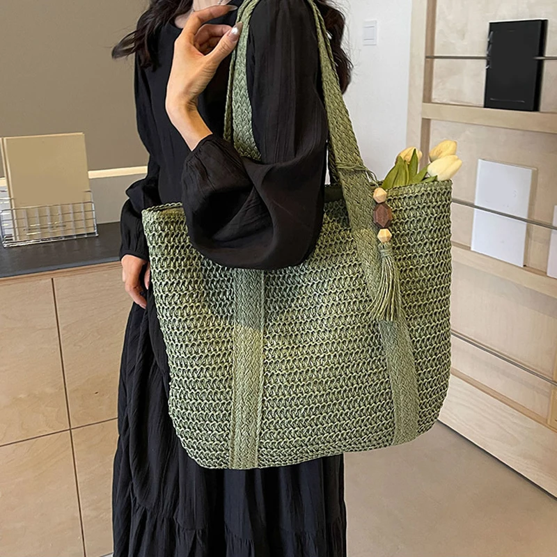 Summer Straw Bag for Women Handmade Woven Shoulder Bag Large Capacity Tote Bags with Pendant Armpit Bag Top-handle Handbag Purse