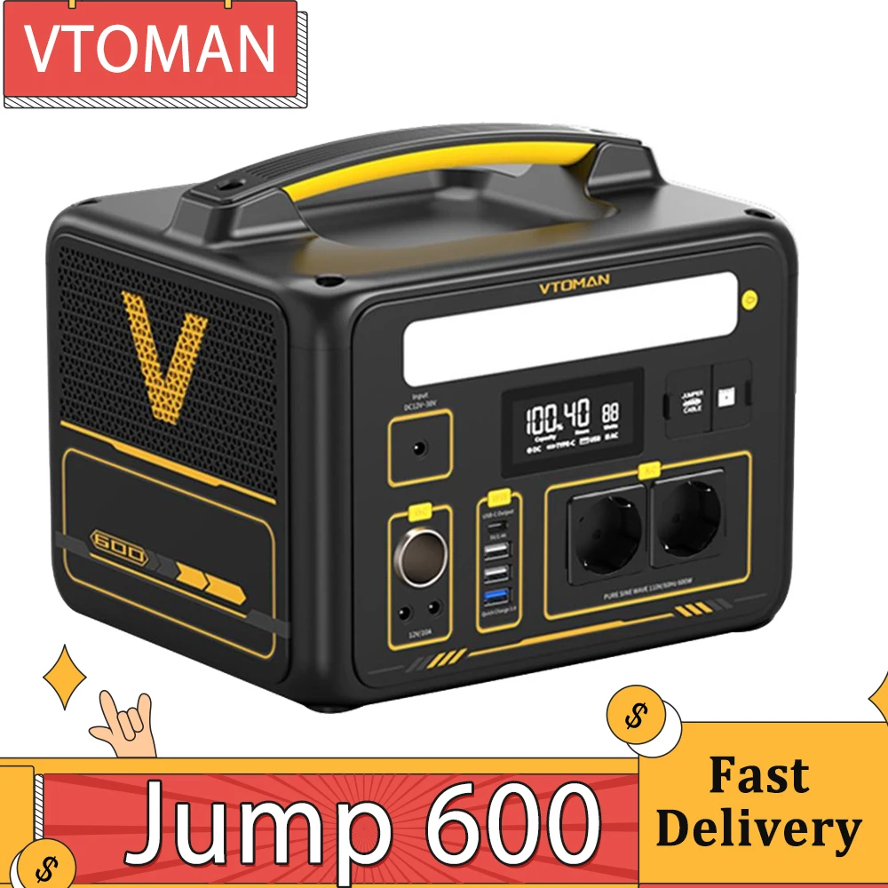 Vtoman Jump 600 Centrale Elettrica Portatile, Generatore Solare A Batteria Lifepo4 Da 640Wh, Prese Ca A Onda Sinusoidale Pura Da 600W, 9 Porte, Led Da