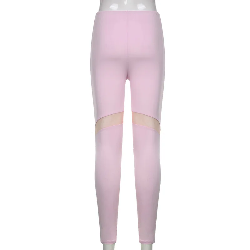 Mesh Patchwork See Through Tight Leggings 2023 Autumn Winter New Sexy High Waist Strecth Pink Pencil Pants Party Club Streetwear