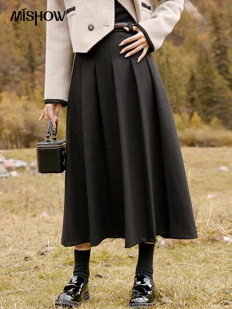 MISHOW Black Pleated Skirt for Women Autumn 2023 High Waist Loose Casual Temperament Thick Mid Length Skirt Female MXC56B0189 spring and summer women s temperament cross v neck large pleated dress female