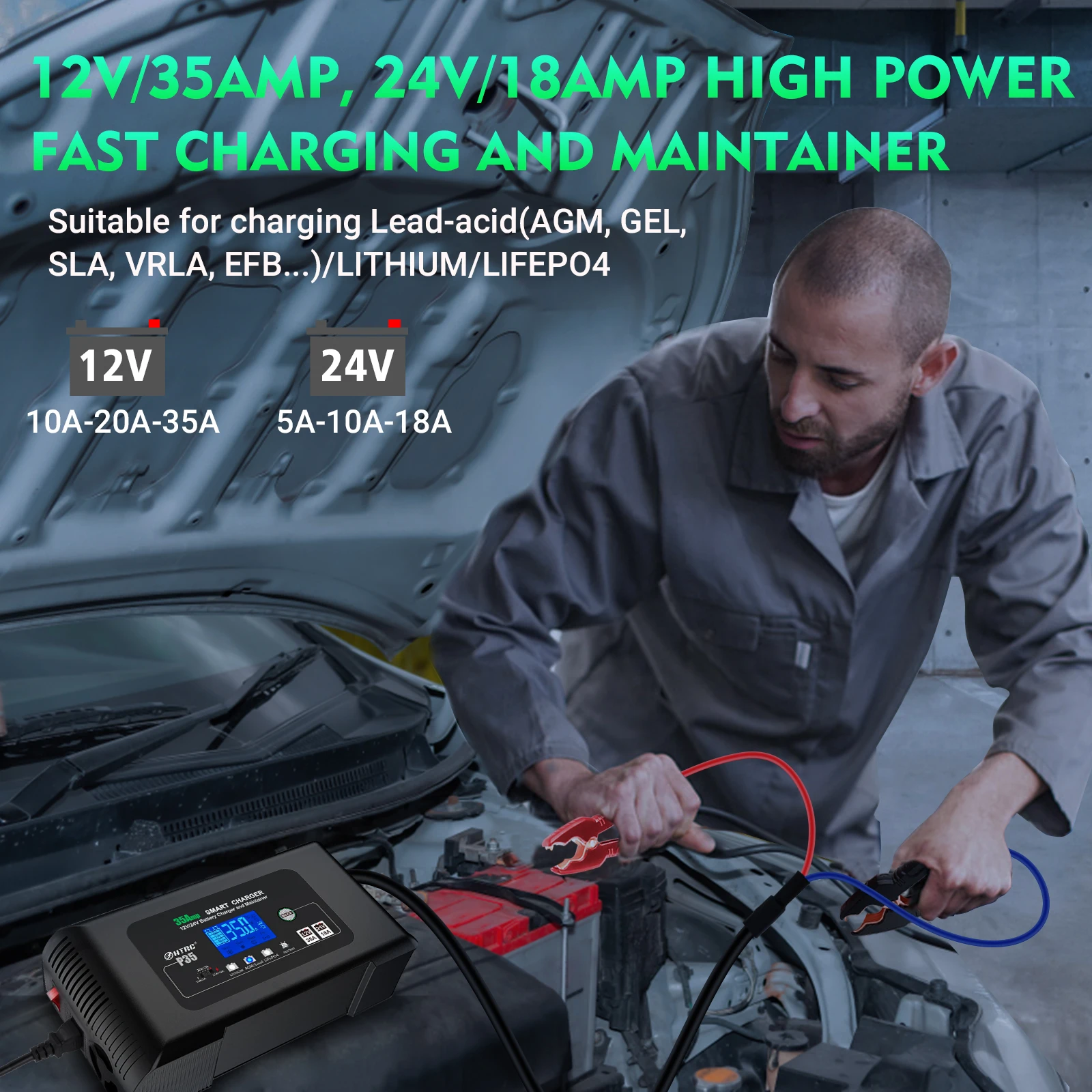 35A 12V-24V Battery Charger LCD Display for ATV Truck Lithium/LiFePO4/Lead-Acid/