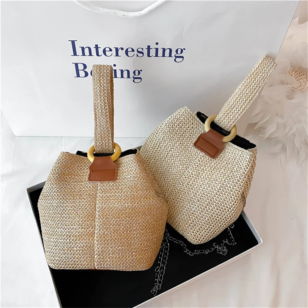 Women\'s Sprockets Straw Beach Tote Bag Casual Vacation Knit Wristlet Shopping Bag Ladies Handmade Bucket Bags Handbag Bolsas