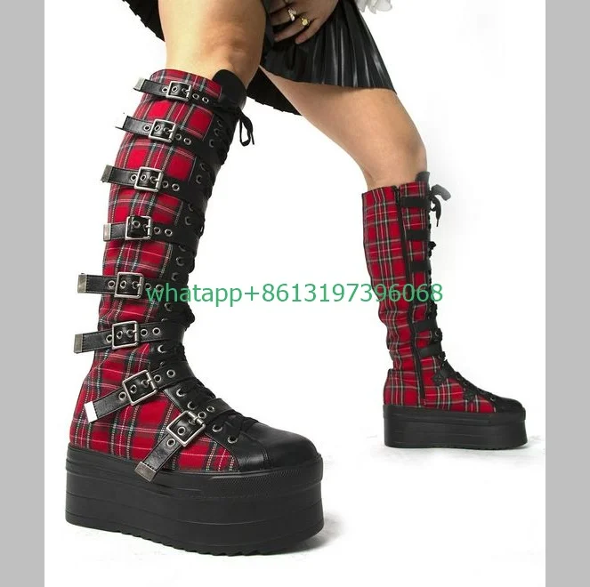 

Женские дизайнерские ботинки в красную клетку, на платформе, со шнуровкой, с металлической пряжкой, Размеры 35-46