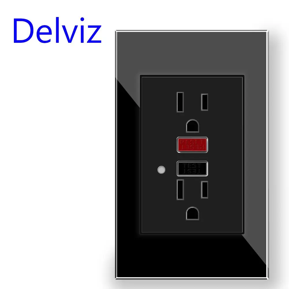 Delviz 120×72mm GFCI Leakage Protection Wall Socket, 15A/20A Electrical Safety Power Outlet with Test & Reset, Glass Panel