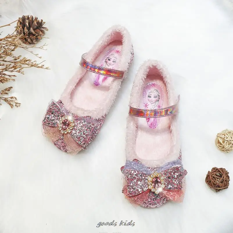 Disney Princess Elsa Fashion Autumn Winter Girls Shoes Warm Cotton Plush Fluffy Fur Kids Flats Children Loafers Birthday Gift