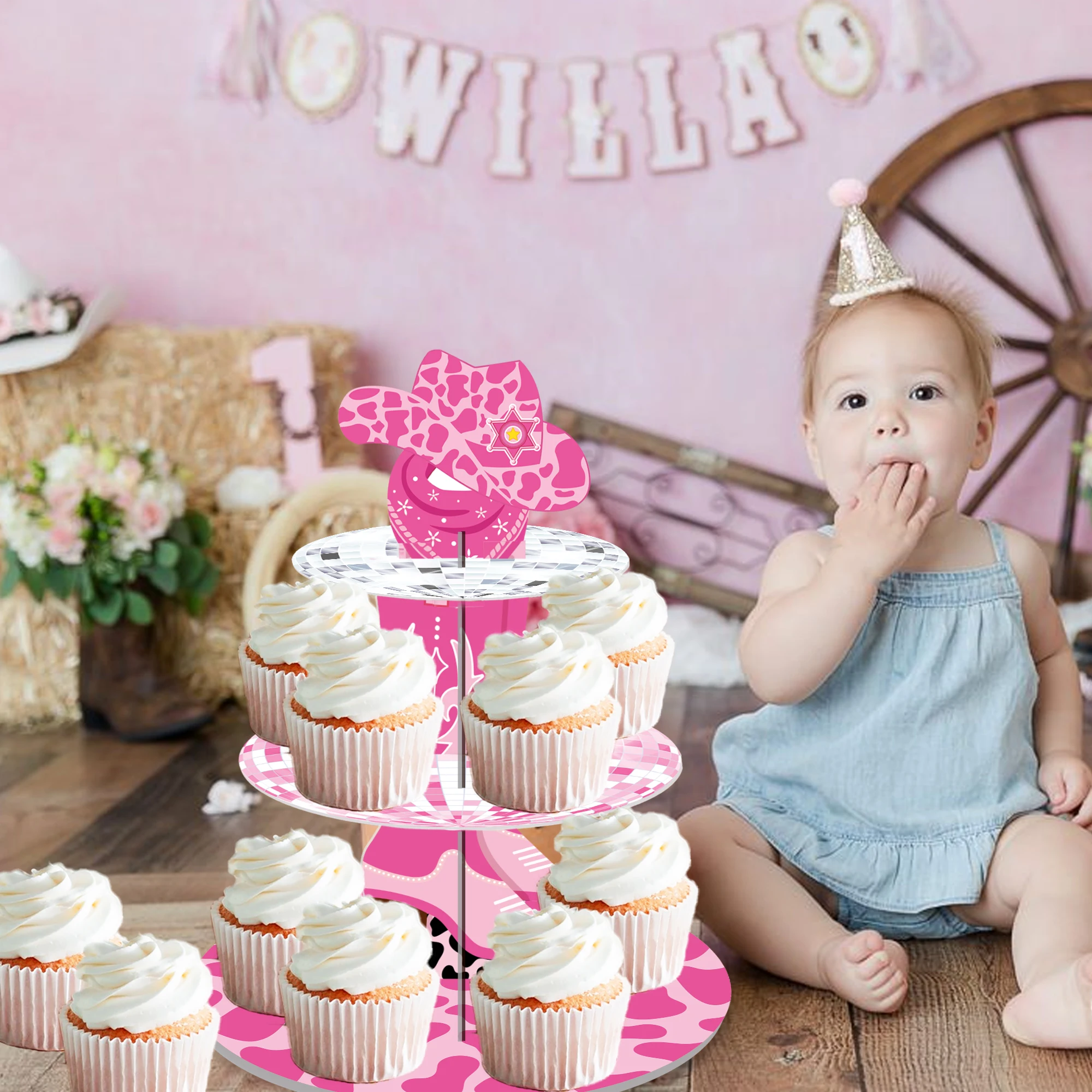 3-stöckiger Disco Cowgirl Stiefel Geburtstagstortenständer Cupcake-Halter Dessert-Turm Dekorationen Kuchenständer für Geburtstage – Detail 8