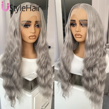 Silver Grey Wig 13x4 Lace Front Wig Glueless Long Deep Wave Synthetic Hair Natural Hairline Women's Wig Daily Use Cosplay Wigs