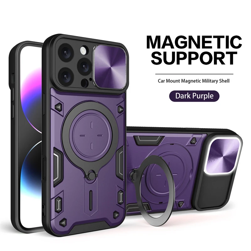 Ultimate Shockproof Armor Phone Case with Slide Lens Protector and Ring Holder Back Cover