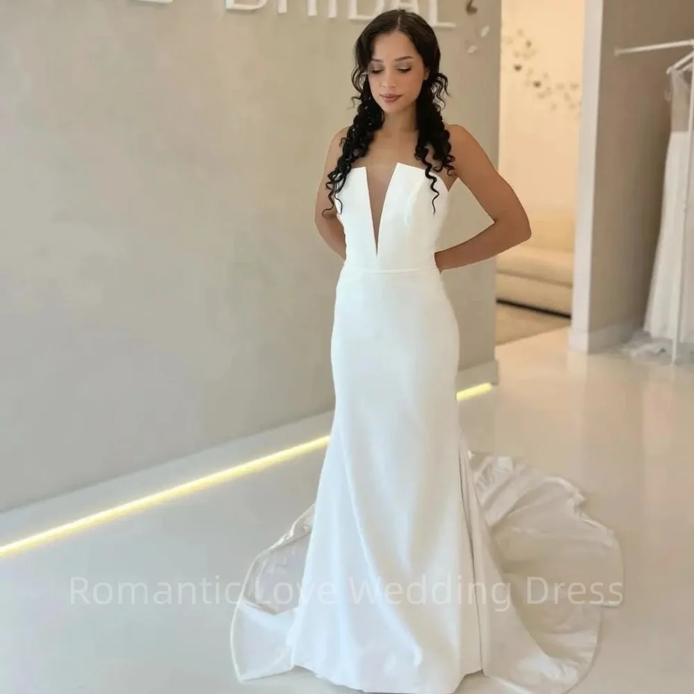 

Elegant V-Neck Wedding Dress Satin For Women Customize To Measures Elegant Robe Zipper Back White Civil Bridal Gowns De Mariee