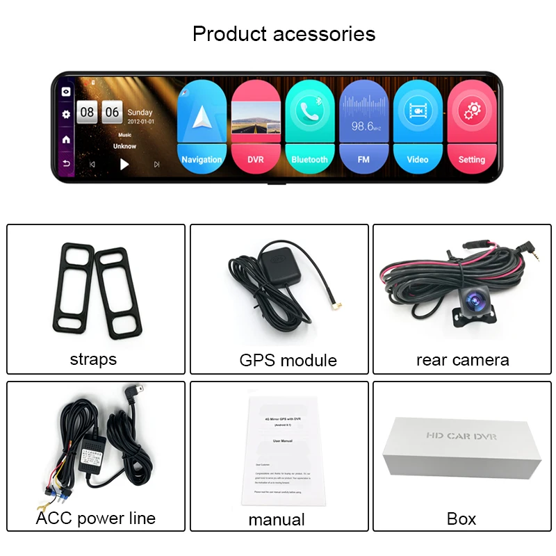 12Inch Car Mirror Android8.1 Stream Media RearView Mirror FHD 1080P Camera Dual Lens Video Recorder GPS 4G Dash Cam Car DVR ADAS