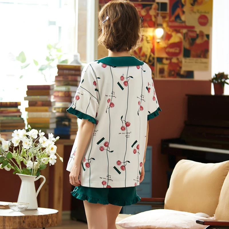 2024 New Summer Knitted Cotton Pajamas Women's Short Sleeve Shorts Set Cardigan Small Lapel Print Cute Girls' Home Furnishing