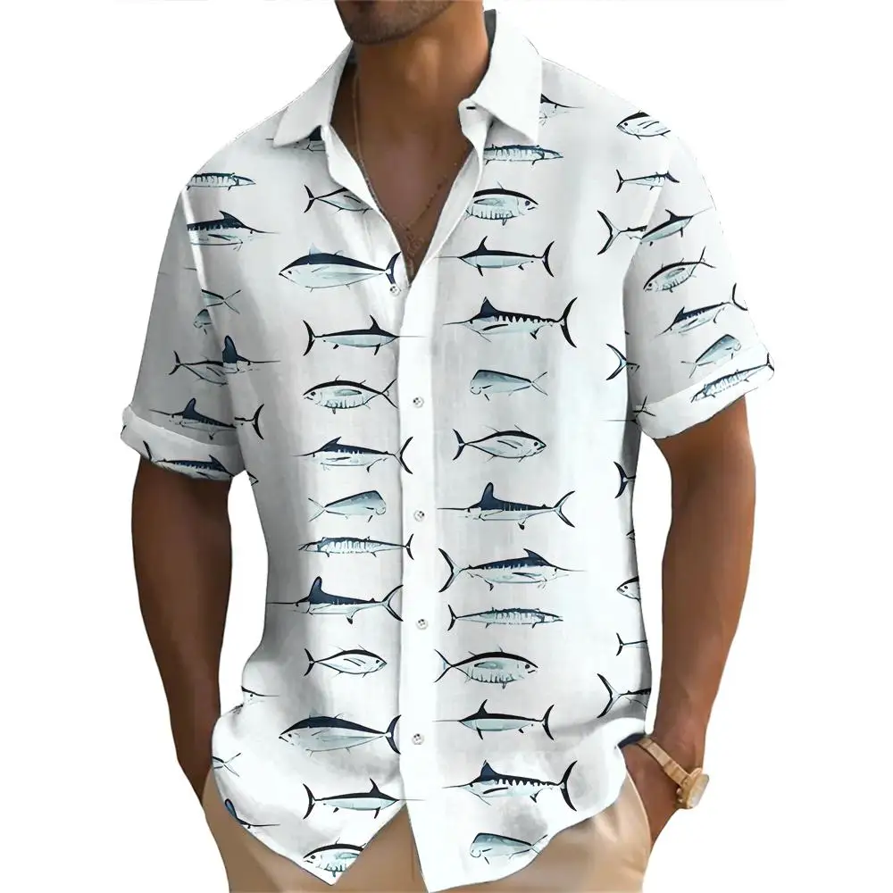 Summer Fashion Ocean Fish Print Men's Short Sleeve Casual Printed Tops Seaside Vacation Travel Wear Oversized Tops 2