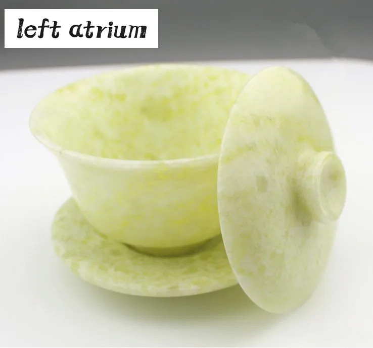 Natural Jade Gaiwan Health Gongfu Teaware Genuine Chinese Jades Stone Bowl Cover Teacups Chinese Tea Ceremony Kung Fu Teaset
