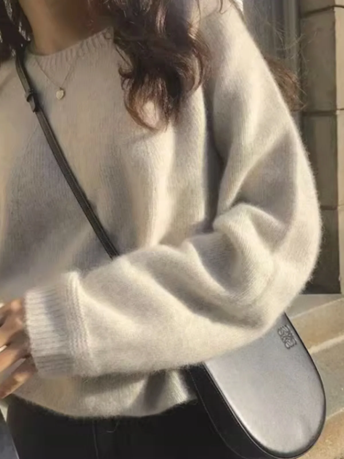 Chic Early Autumn Knitted Top Women's Loose Lazy Sle Long Sve round Ne Overalls Warm Thermal Fce Blend Commute Sle