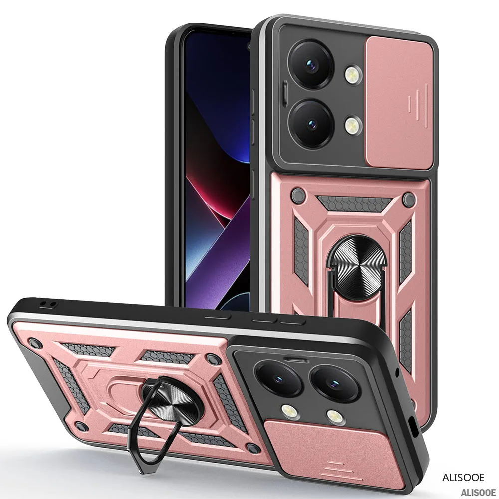 Armor Slide Camera Lens Protection Back Cover with Ring Stand - Shockproof Case