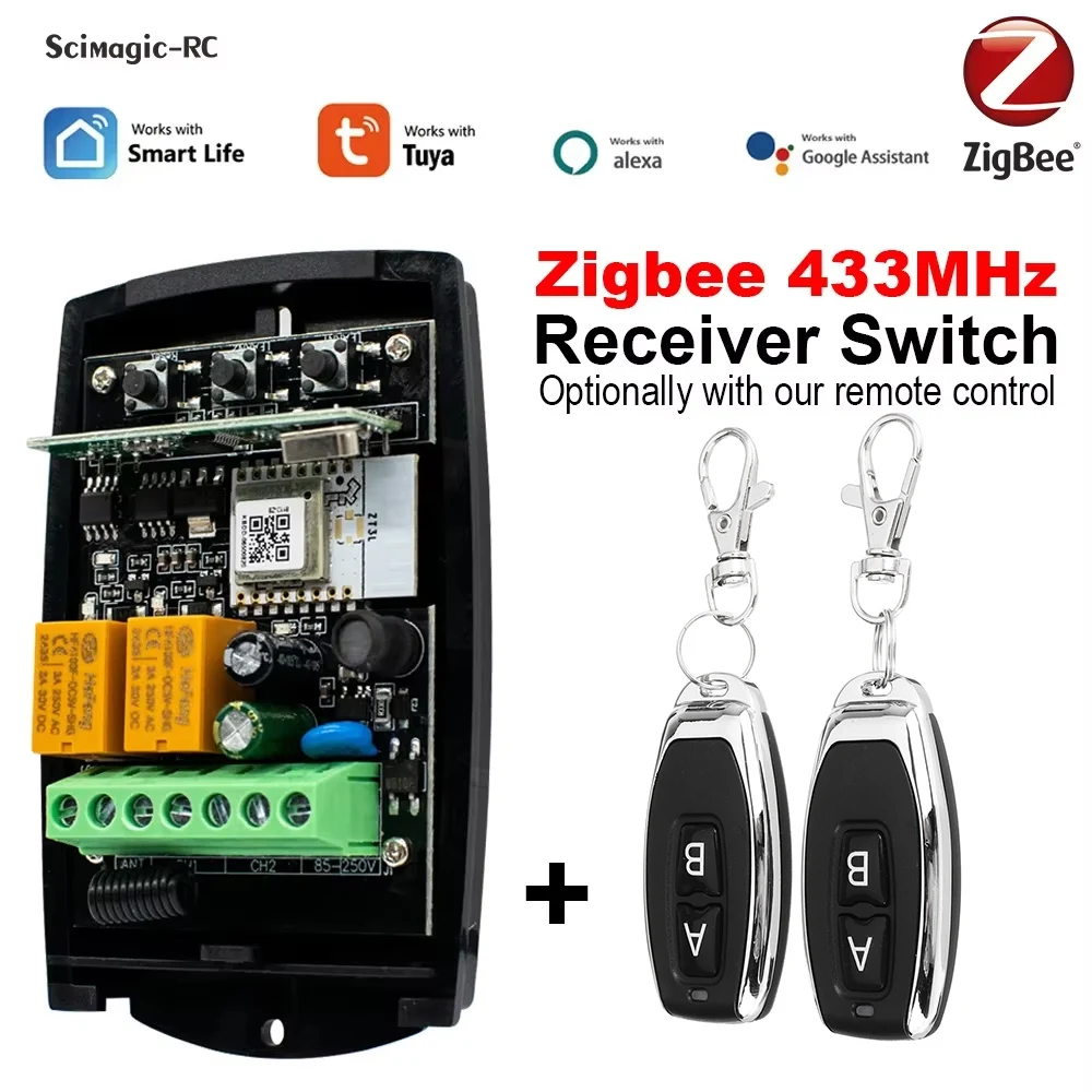 2CH Zigbee Tuya Smart Garage Door Receiver Switch Universal 433mhz 433.92 Remote Control Gate Opener Controller With Transmitter