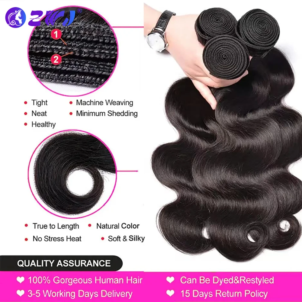 ZWJ Body Wave Bundles Human Hair 3 Bundles Brazilian Weaving Virgin Hair Natural Color 16-28 Inch 100% Human Hair Extensions