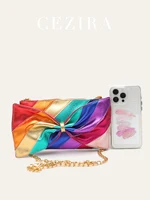 Luxury Metallic Vegan Leather Handbag Colorful Stripes Patchwork Sweet PU Bow knot Clutch Metal Chain Crossbody Bag Funky Y2K - Image 3