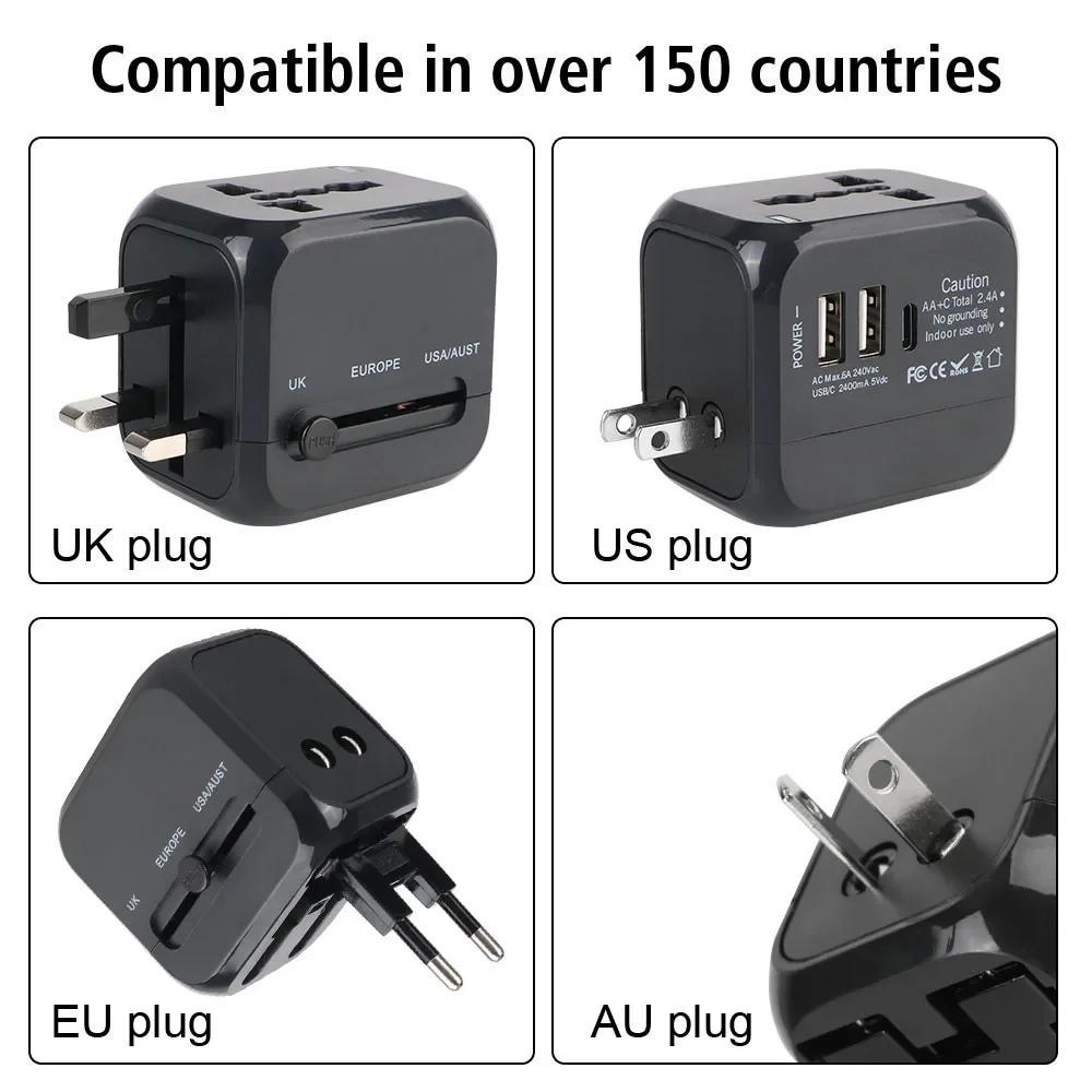 All-in-one Wall Charger Travel Adapter 6A US EU UK AU plug Travel Charger with 2 USB Port and 1 Type C Universal