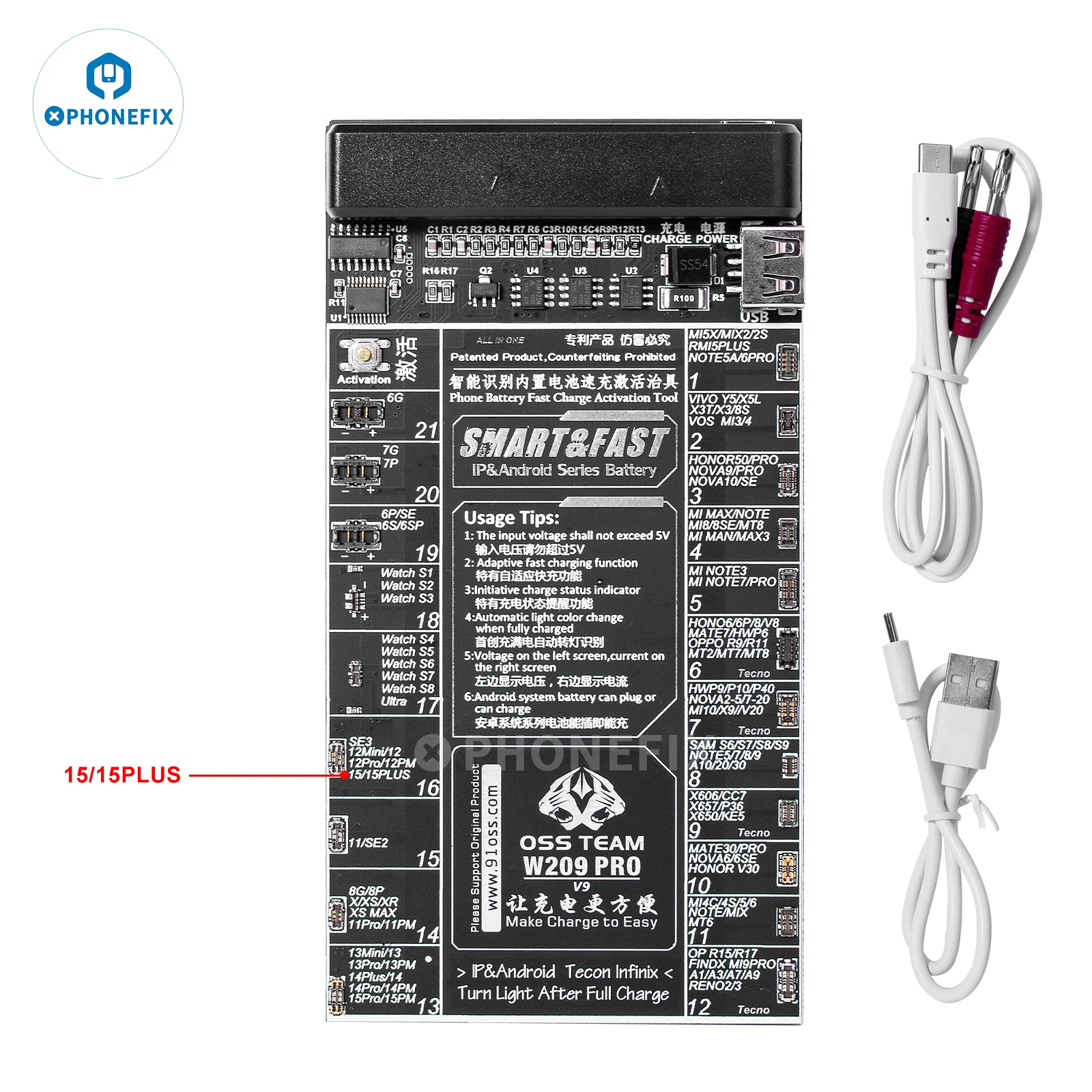 

W209 Pro 2-IN-1 Battery Quick Charging Activation Board Test Tool for iPhone 4-8 X 11 12 13 14Pro max for Samsung Huawei Android