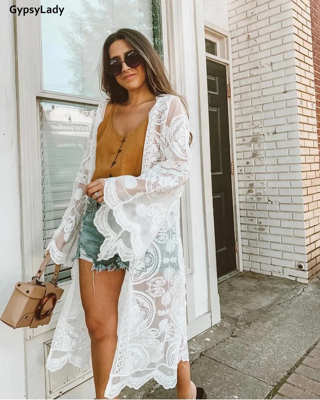 

GypsyLady Summer Sunshine Embroidered Mesh Cover-Ups Longline Kimono White Tunic Beach Kaftan Holiday Long Boho Swimwears Tops