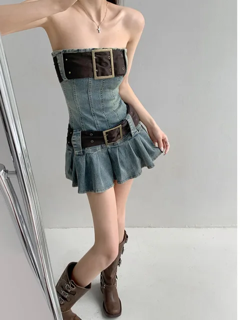 Introducing the WOMENGAGA 2023 Summer Girls Detachable Super Wide Belt Denim Tube Top Dress