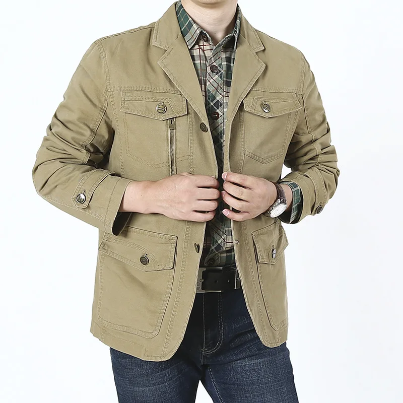 Spring Fall Men Military Blazer Jacket Autumn Casual Cotton Washed Solid Coats Army Bomber Suit Jackets Denim Cargo Trench