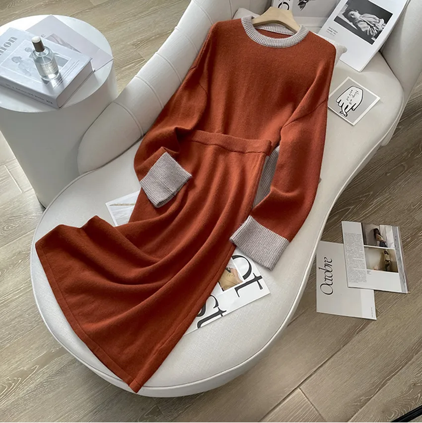 

Women O Neck Sweater Skirt Suit Autumn Winter Orange Hit Color Knitted Loose Pullovers +High Quality A Line Skirts Two Piece Set