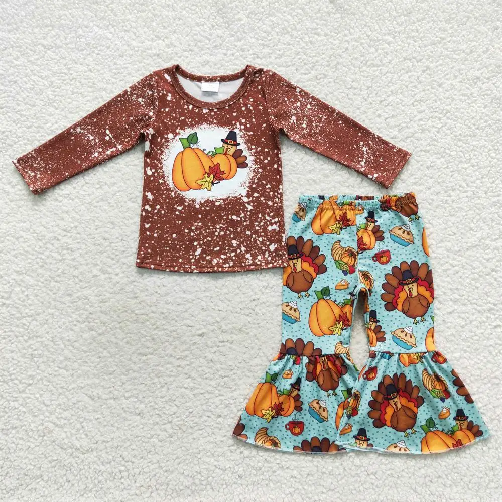 

Wholesale Children Thanksgiving Baby Girl Clothing Long Sleeves turkey Shirt Set Kids Pumpkin Pie Bell Pants Toddler Fall Outfit