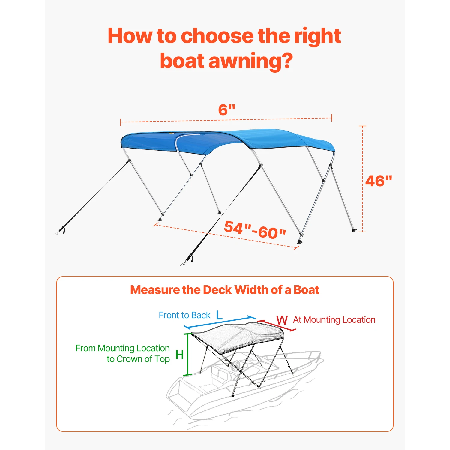 SucceBuy 3 Bow Boat Bimini Tops 600D Polyester Canopy with Aluminum Alloy Frame Waterproof Sun Shade Awning Canopy Fit for Boat