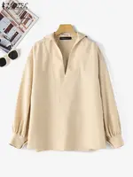 ZANZEA Fashion Lapel V Neck Shirt Women Puff 3/4 Sleeve Blouse Office Casual Loose Solid Color Tops 2024 Summer Street Tunics - Image 4