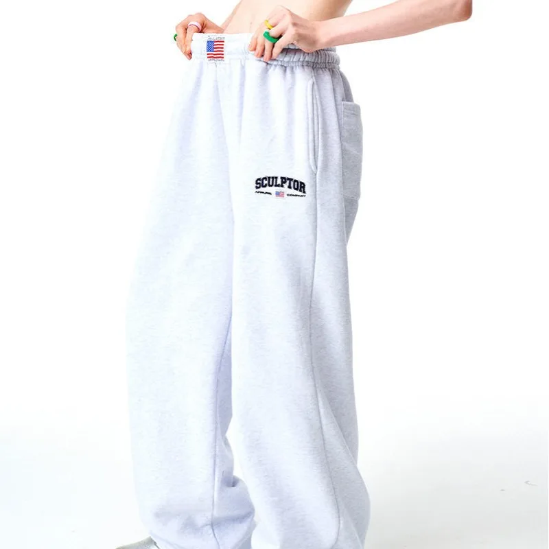 Retro Light Floral Gray Women's 2024 Summer New Patchwork Pockets Fashionable Loose Wide Leg Straight Leg Casual Sports Pants