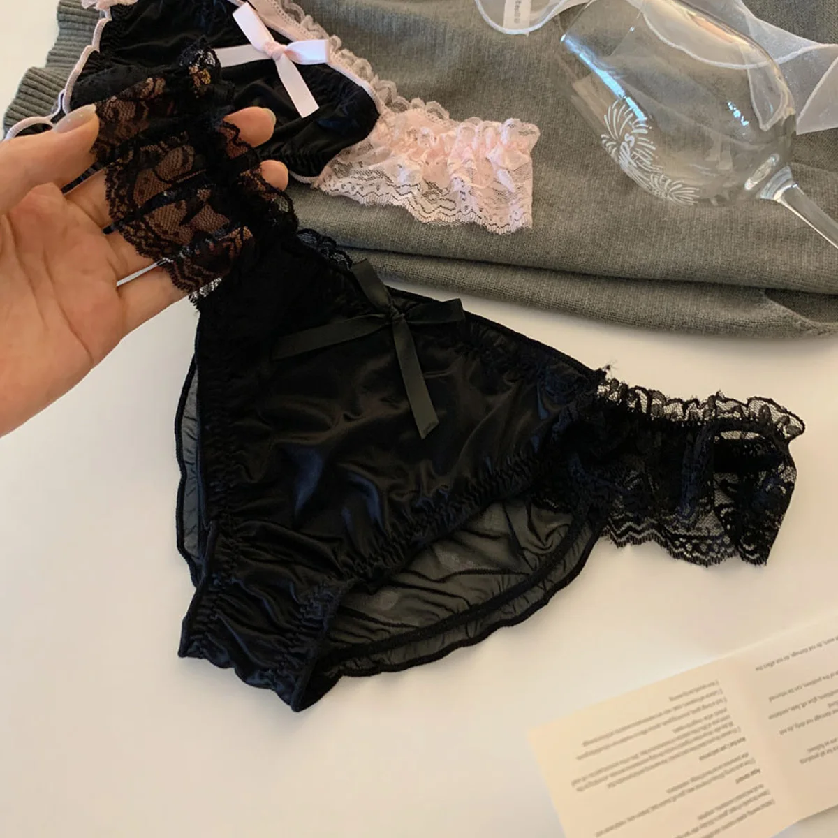 Women's Panties Lace Ruffle Satin Sexy Underwear Women's Low Waist Mesh Hollow Out Panties Sweet Girl Breathable  Briefs Lingeri