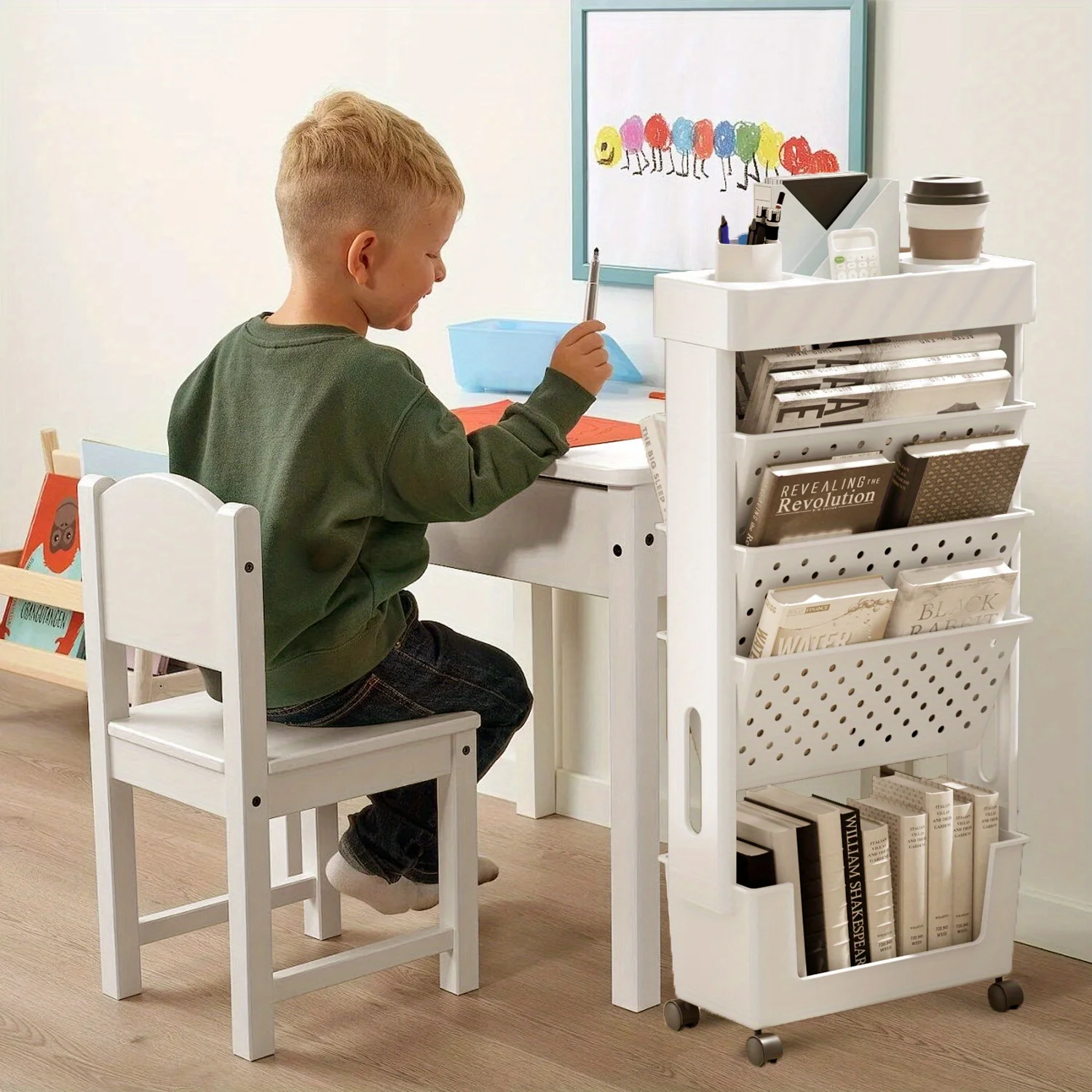 5-Tier Removable Magazine Newspaper Storage Rack, Book Storage Rack With Wheels, Tableside Bookshelf, Suitable For School, Class