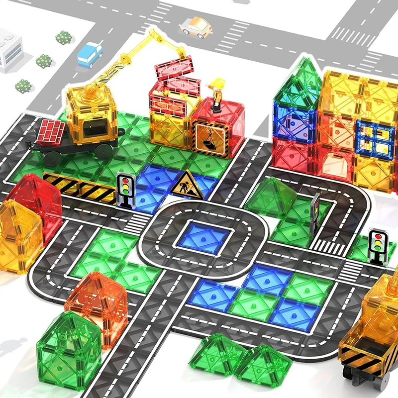 Magnetic Tiles Road Car Games Kids Toys Construction Set Connected Building Blocks STEM Activities Learning Open-ended Toys Boys magnetic building blocks magnetic assembly toy
