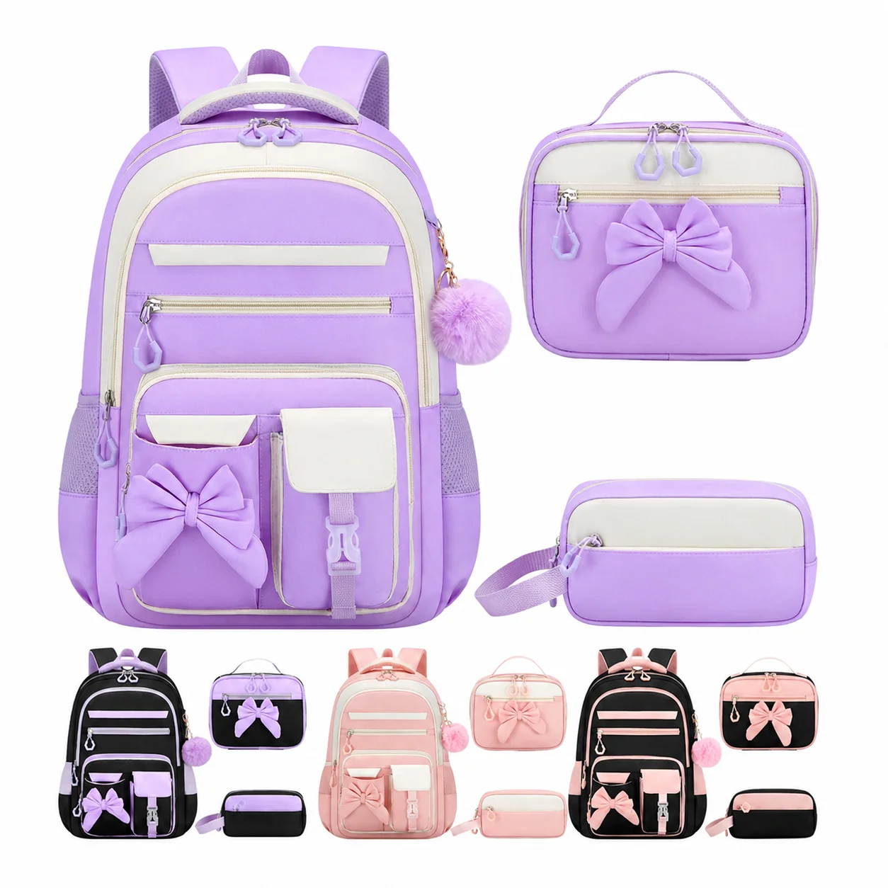 3pcs School Backpack Set Bowknot Cute Bookbag Kit Girls Nylon Multi Pocket Rucksack Pack Kids Lunch Box Pencil Case 1