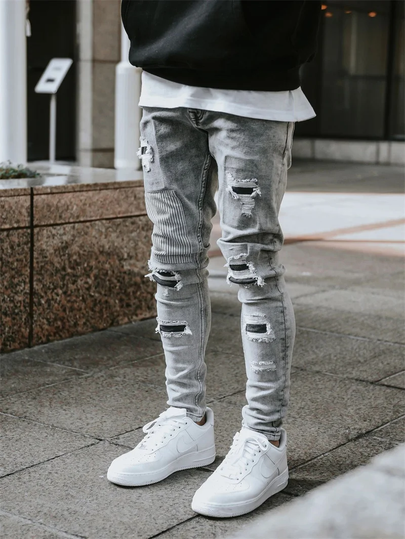 

Fashion Broken Holes Patch Jeans Men Four Seasons Daily Casual Sports Street Style Denim Pants Male Youth Trend Pencil Trousers