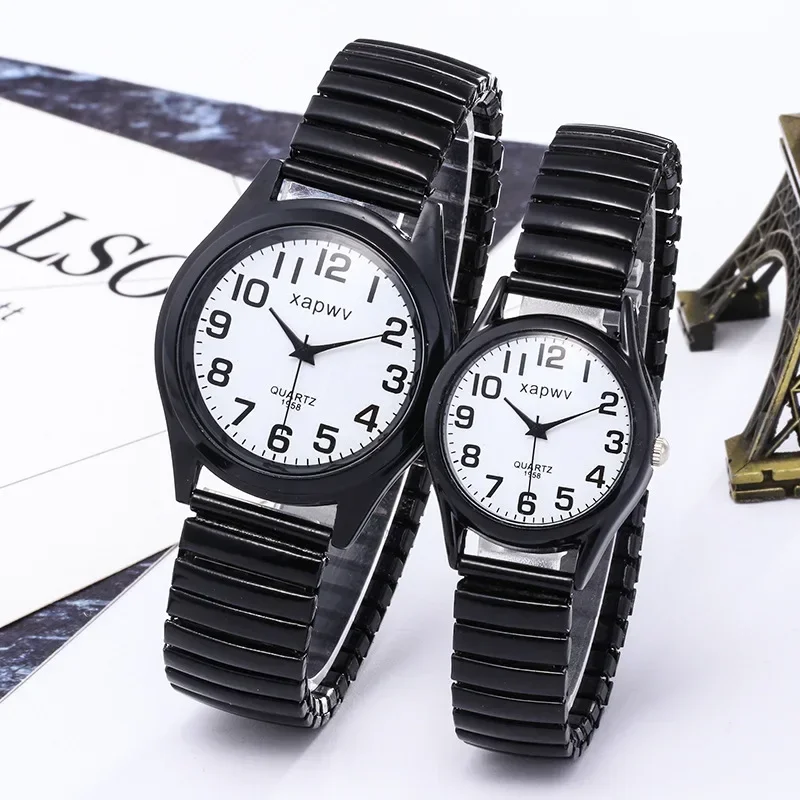 Retro Couple's Watch Creative Black and White Elastic Band Watch Elderly Couple Stretch Quartz Wristwatches 1pc Relogio Feminino 2