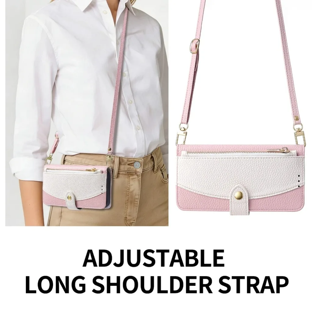 Elegant Leather Crossbody Wallet Phone Case with Zipper Card Holder and Lanyard Strap