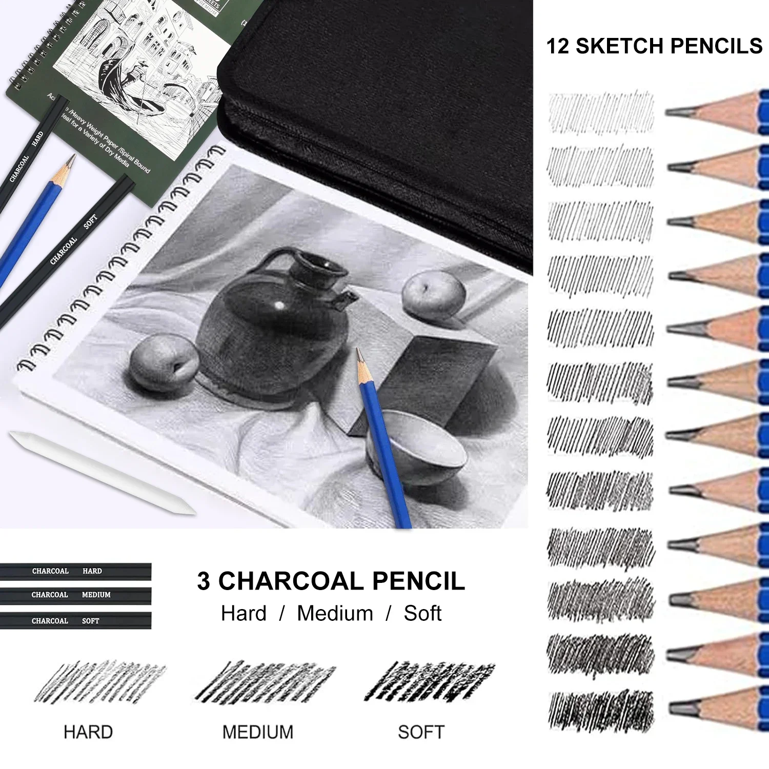 54/73/146 팩 드로잉 스케치 세트, 3색 스케치북, 흑연, 목탄 연필 포함, 음영, 블렌딩에 이상적
