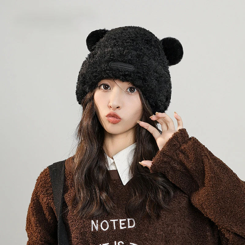 Sweet and Cute Bear Ear Knitted Hat for Children's Autumn and Winter Thickened Versatile Warmth Soft Glutinous Plush Ear Protection Cap_voghion.com