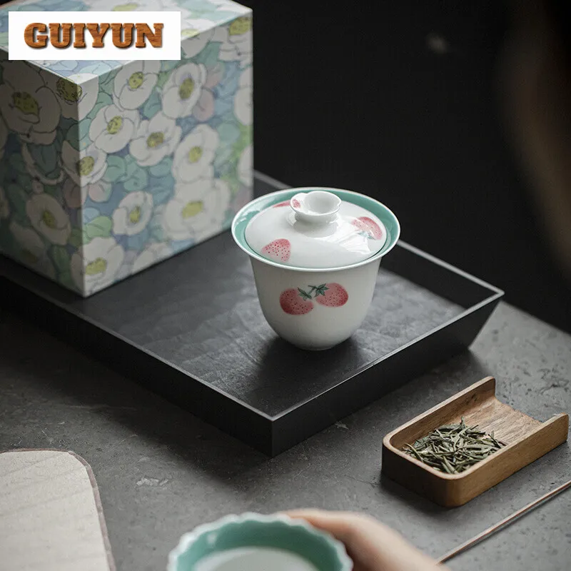120ml Hand-painted Strawberry Gaiwan Japanese Pink Literati Tea Tureen Chinese Tea Brewing Cover Bowl Drinkware Supplies Craft