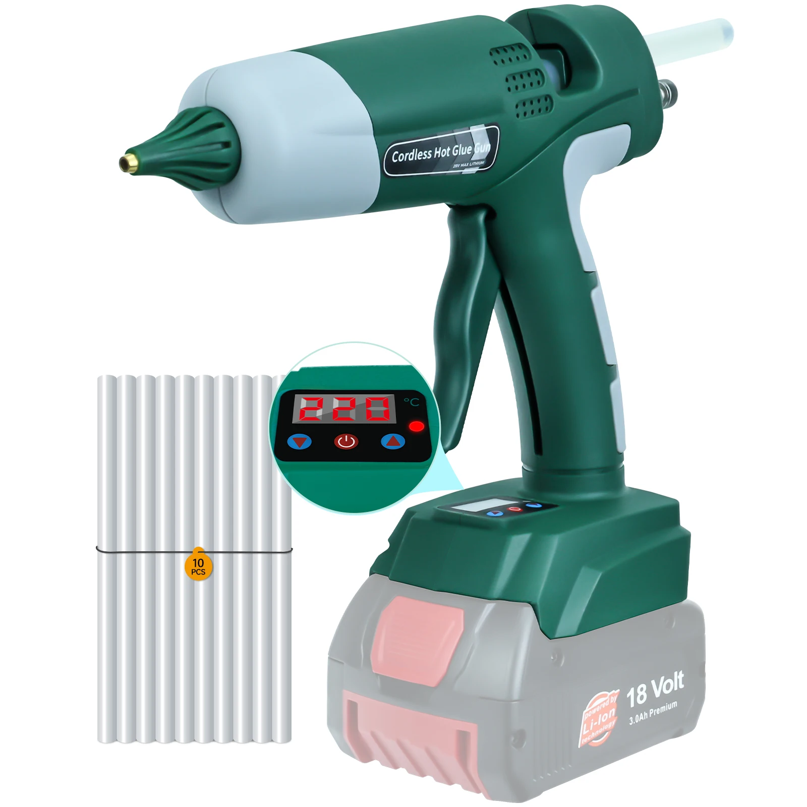100W Cordless Hot Glue Gun 0-220℃ Digital Temperature Adjustable with 10pcs 11mm Glue Sticks for Bosch 18V Battery (No Battery) hot melt glue gun hot glue gun cordless glue gun