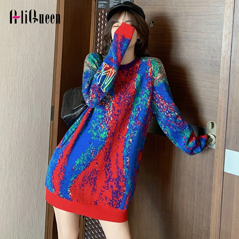 

Autumn Women Loose Long Sleeve Knitted Mini Dress Christmas Rainbow Sweater Dresses Korean Winter Woman Vintage Sweaters