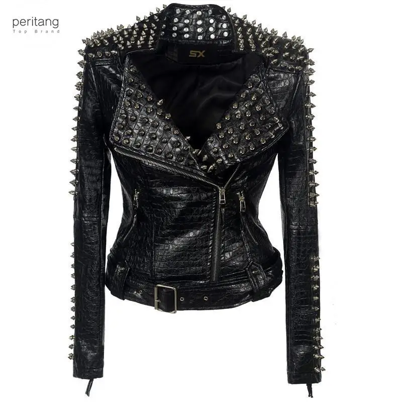 

SX Occident Fashion Women Club Hot Style Stud Slim Fit Jacket Shoulder Rivets Zip Stitching Short PU Leather Rock Coat