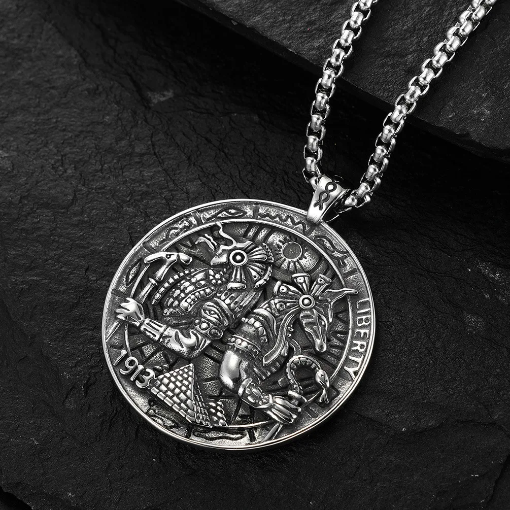 PSJ Fashion Jewelry Vintage Egyptian Death God Anubis Round Pendant Titanium Stainless Steel Necklaces for Men