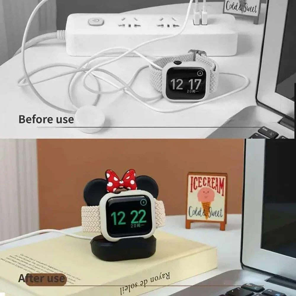 Desktop Stand for Apple Watch Series 10 9 8 7 6 SE 5 4 iWatch Silicone Charger 46mm 45mm 42mm 41mm 40mm Cartoon Cute Bow Tie Bear