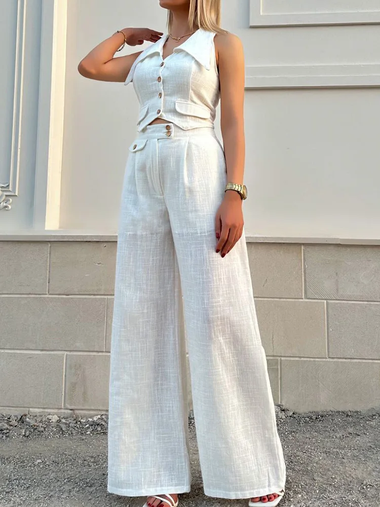 

Комплект для отдыха с широкими штанинами, Женский однотонный комплект из 2 предметов без рукавов, элегантный короткий топ 2024 года, весна-лето