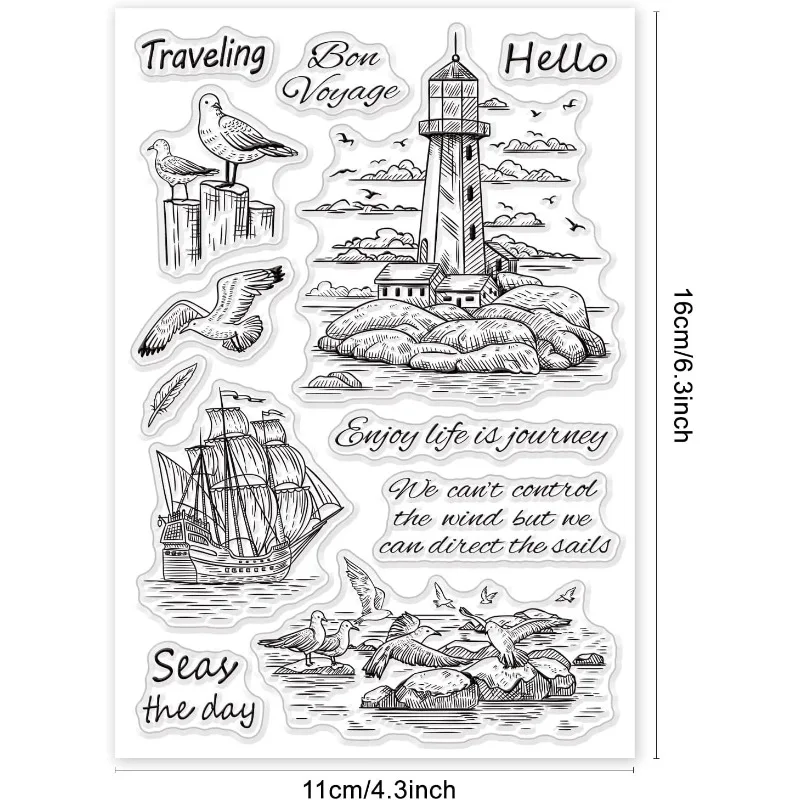 Seagulls Lighthouses Clear Stamps Sailboats Silicone Stamps Wishing Words Transparent Rubber Seal 1Sheet For Card Making clear stamps clear rubber stamps